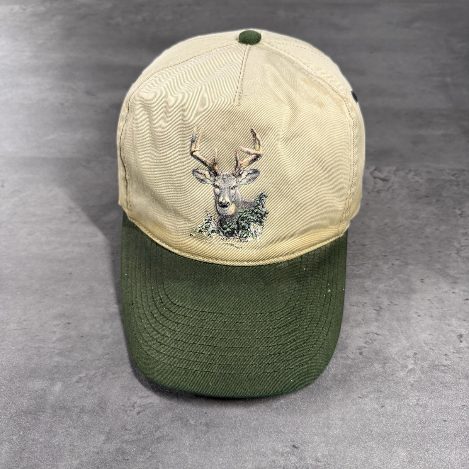 Deer Hunting Snapback Hat Trucker Beige Khaki Green Outdoor Faded Thrashed
